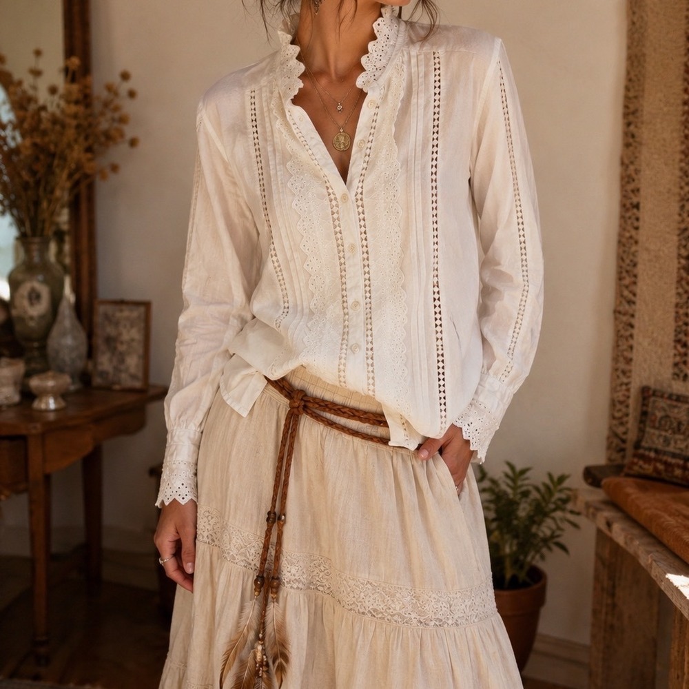 Sundance White Eyelet Lace Blouse Cotton Boho Cottagecore Prairie Top Medium zz